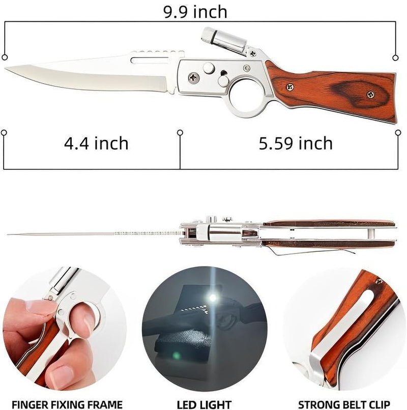 AK-47 Pocket Folding Knife 5C13Mov Steel Wooden Handle Outdoor Camping EDC Knives with LED Light and Pocket Clip