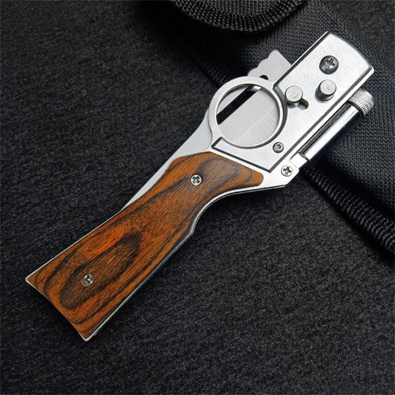 AK-47 Pocket Folding Knife 5C13Mov Steel Wooden Handle Outdoor Camping EDC Knives with LED Light and Pocket Clip