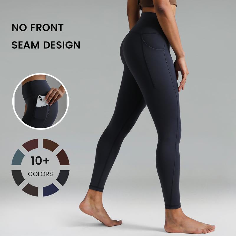 Colorfulkoala Dreamlux No Front Seam Leggings with Pockets for Women 25"/28" Inseam,High-Waisted Soft Yoga Pants in Black - Gym Bottoms Athletic Stretchable Tight Fit Sporty