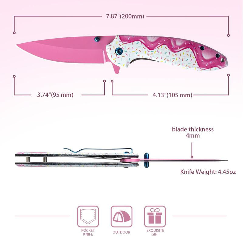 1 Pc 7.5 Inch Pink Decorative Pocket Knife, Camping Tool Folding Knife for Skinning, Fishing, Camping, Hiking