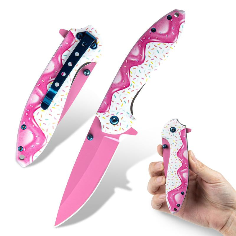 1 Pc 7.5 Inch Pink Decorative Pocket Knife, Camping Tool Folding Knife for Skinning, Fishing, Camping, Hiking