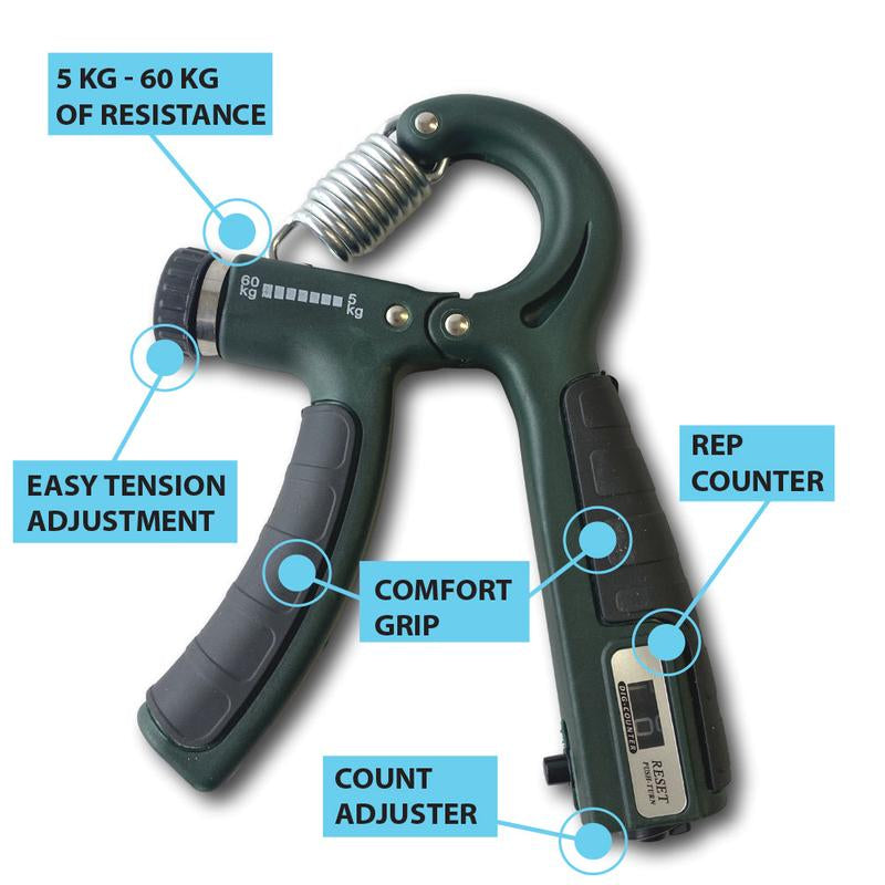 Jerkfit Grip Strength Hand Exerciser - Forearm Strengthener for Muscle Building and Injury Recovery - Self-Trainer with Adjustable Resistance 11-132 Lbs (5-60Kg) - Built-In Rep Counter - Comfortable, No Slip Grip