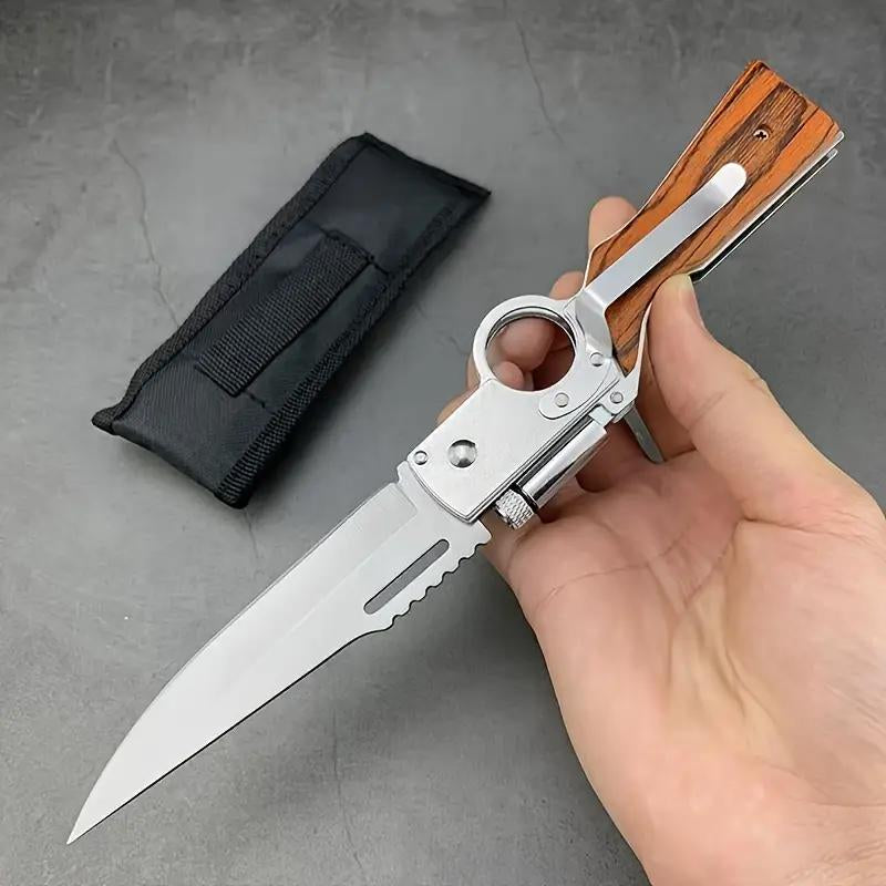 AK-47 Pocket Folding Knife 5C13Mov Steel Wooden Handle Outdoor Camping EDC Knives with LED Light and Pocket Clip