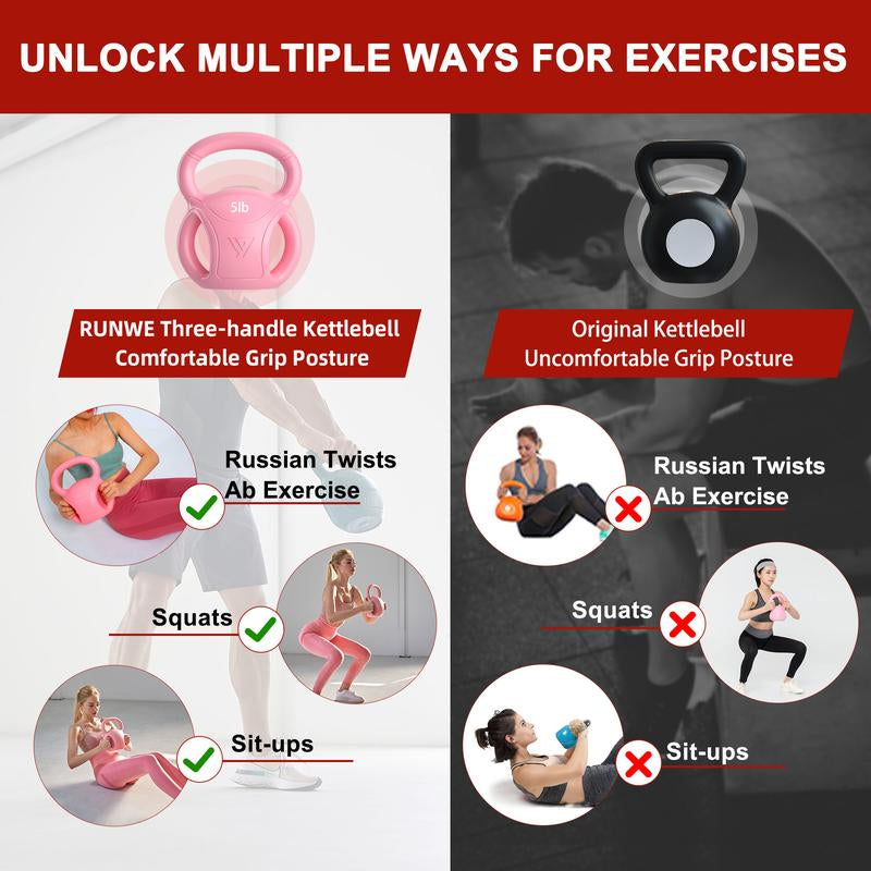 RUNWE 3 Handle Kettlebell Weight for Weightlifting, Conditioning and Core Training for Women Men Home Gym