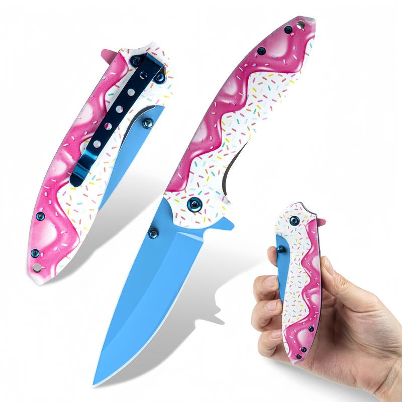 1 Pc 7.5 Inch Pink Decorative Pocket Knife, Camping Tool Folding Knife for Skinning, Fishing, Camping, Hiking