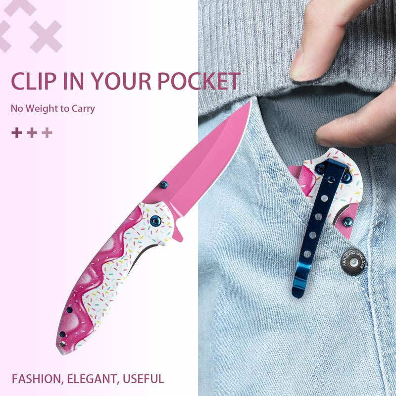 1 Pc 7.5 Inch Pink Decorative Pocket Knife, Camping Tool Folding Knife for Skinning, Fishing, Camping, Hiking