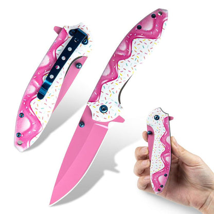 1 Pc 7.5 Inch Pink Decorative Pocket Knife, Camping Tool Folding Knife for Skinning, Fishing, Camping, Hiking
