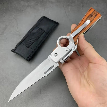 AK-47 Pocket Folding Knife 5C13Mov Steel Wooden Handle Outdoor Camping EDC Knives with LED Light and Pocket Clip