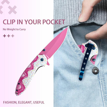 1 Pc 7.5 Inch Pink Decorative Pocket Knife, Camping Tool Folding Knife for Skinning, Fishing, Camping, Hiking